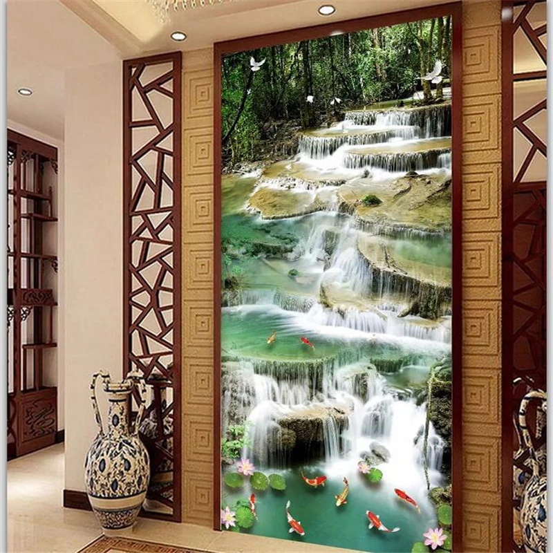 

beibehang Custom wallpaper 3d photo murals flowing water wealth waterfall carp lotus porch background wall paper murals painting