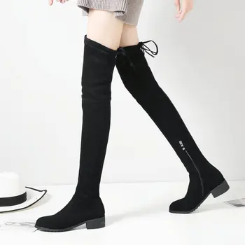 

Suede Over The Knee Boots Women Square Low Heel Thigh Boots Fashion Zipper Stretch Boots Autumn Winter Ladies Shoes Beige Black