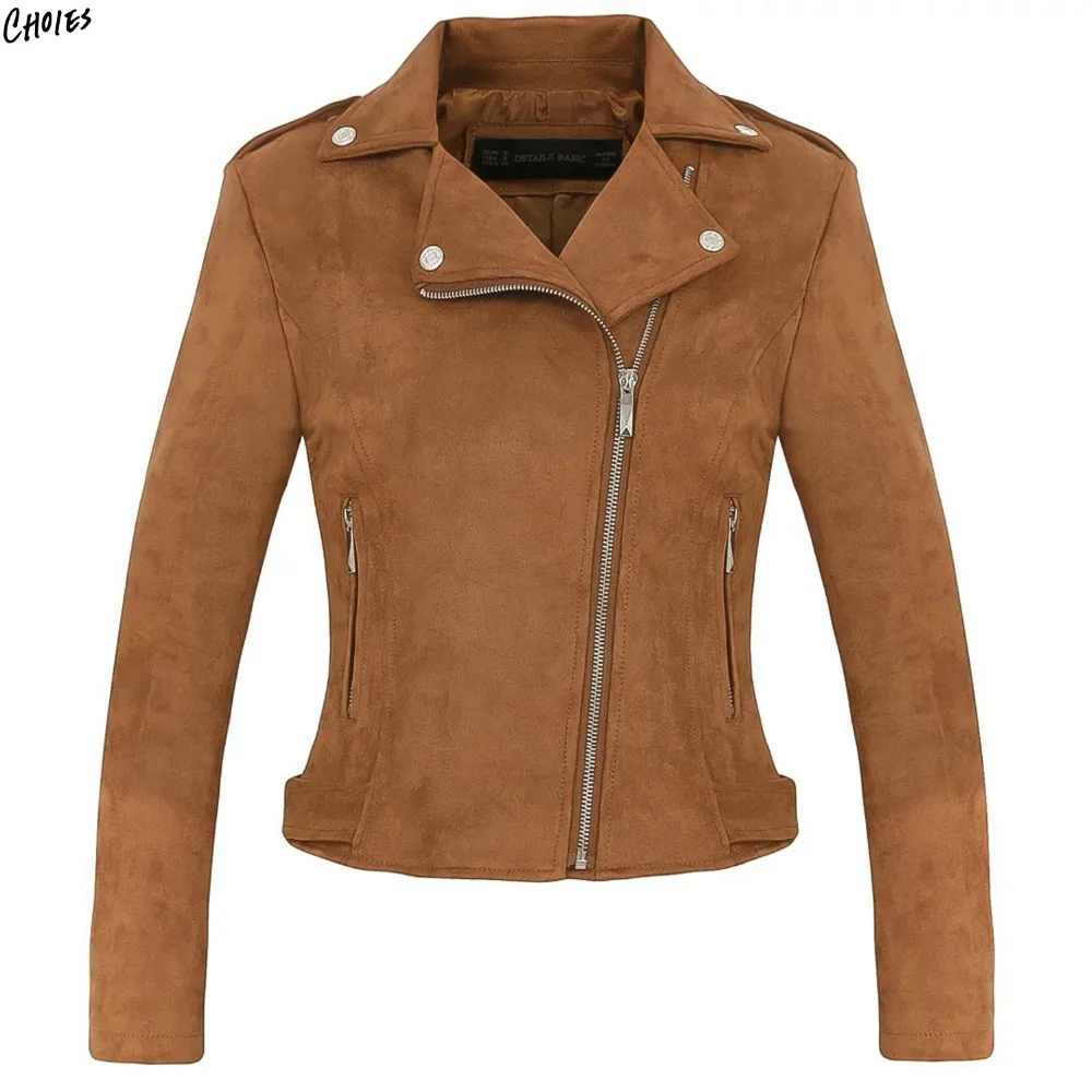 Brown Faux Suede Jacket Women Wide Lapel Epaulet Zipper up Front