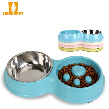 

HORBONPY Stainless Steel Dog Pet Double Bowls Plastic Slow food Bowls Feeding and Drinking Bowls for Puppy Small Dogs Feeders