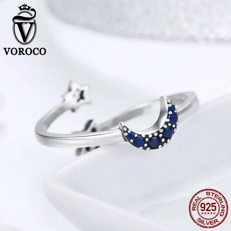 VOROCO подлинное 925 пробы Серебряное модное дизайнерское кольцо с Лунной звездой и открытым пальцем для женщин, оригинальное серебряное кольцо, хорошее ювелирное изделие BKR437