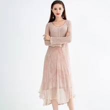 Dress Women 100% Silk Patchwork Hollow Out Knitted Design O Neck Long Sleeves Solid Long Dress New Fashion Style 2019 Spring Dress Women 100% Silk Patchwork Hollow Out Knitted Design O Neck Long Sleeves Solid Long Dress New Fashion Style 2019 Spring