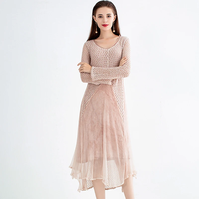 Longues O Femmes Cou Évider À Printemps Patchwork Manches Mode Nouveau Longue Conception Soie 2019 De Style 100 Robe Tricoté Solide Px10qw0