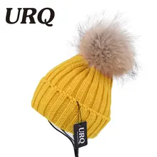 Зимняя теплая шапка для женщин, натуральный мех енота, акриловая шапка, мягкий светильник Классические Кепки, шапка для взрослых, горячая Распродажа, повседневная одноцветная помпон 1001