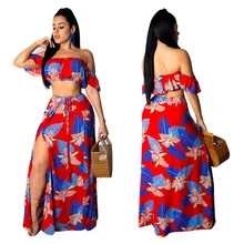 Boho Style Summer Women Long Dress Floral Print Maxi Fashion Ruffle Sleeve Wrap Chest Split Skirt Beach Dresses Vestidos Longo women floral print bohemian maxi dress gypsy wrap maxi dress vintage puff sleeve blossom boho maxi dress spell dress