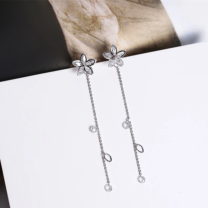 

2017 Female Elegant Jewelry Sweety Rhinestone Flower Long Earrings For Women Fashion Brincos Alloy Chain Tassel Earrings
