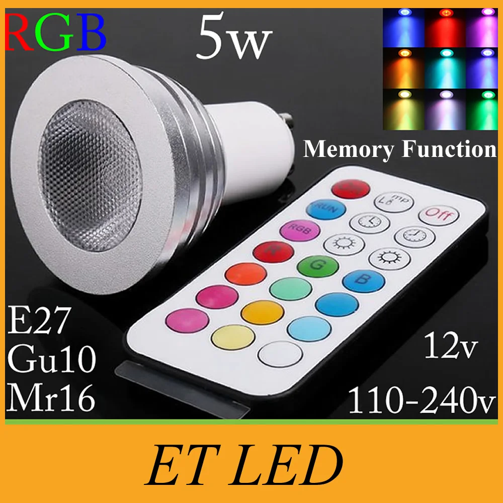 

Memory Function E27 GU10 MR16 RGB LED Lamp 5W LED Bulb CREE LED Light Home Decoration 16 Colors Change IR Remote Controller UL