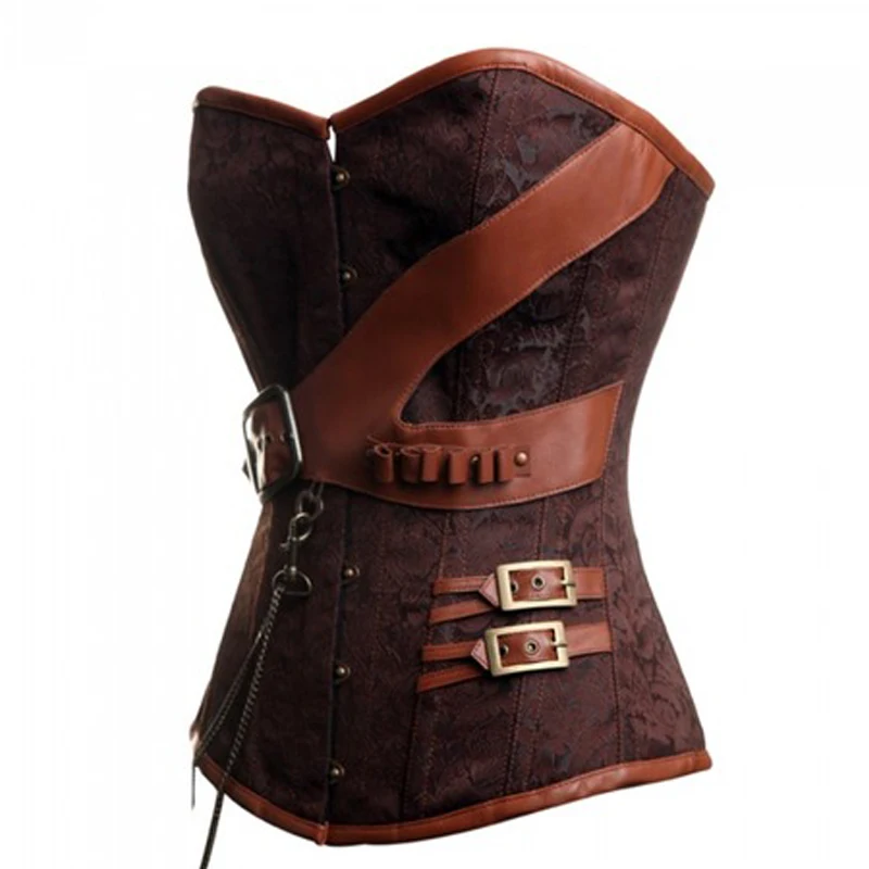 Brown Steampunk Corset With Chain Buckles Retro Fancy Party Outfits Pirate Girls Top Corsets Lacing-up Basque Bustiers S-6XL (4)