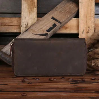 

Vintage Long Men Wallet Crazy Horse Genuine Leather Money Bag Pocket Male High Capacity Credit Card Holder Zipper Coin Purse