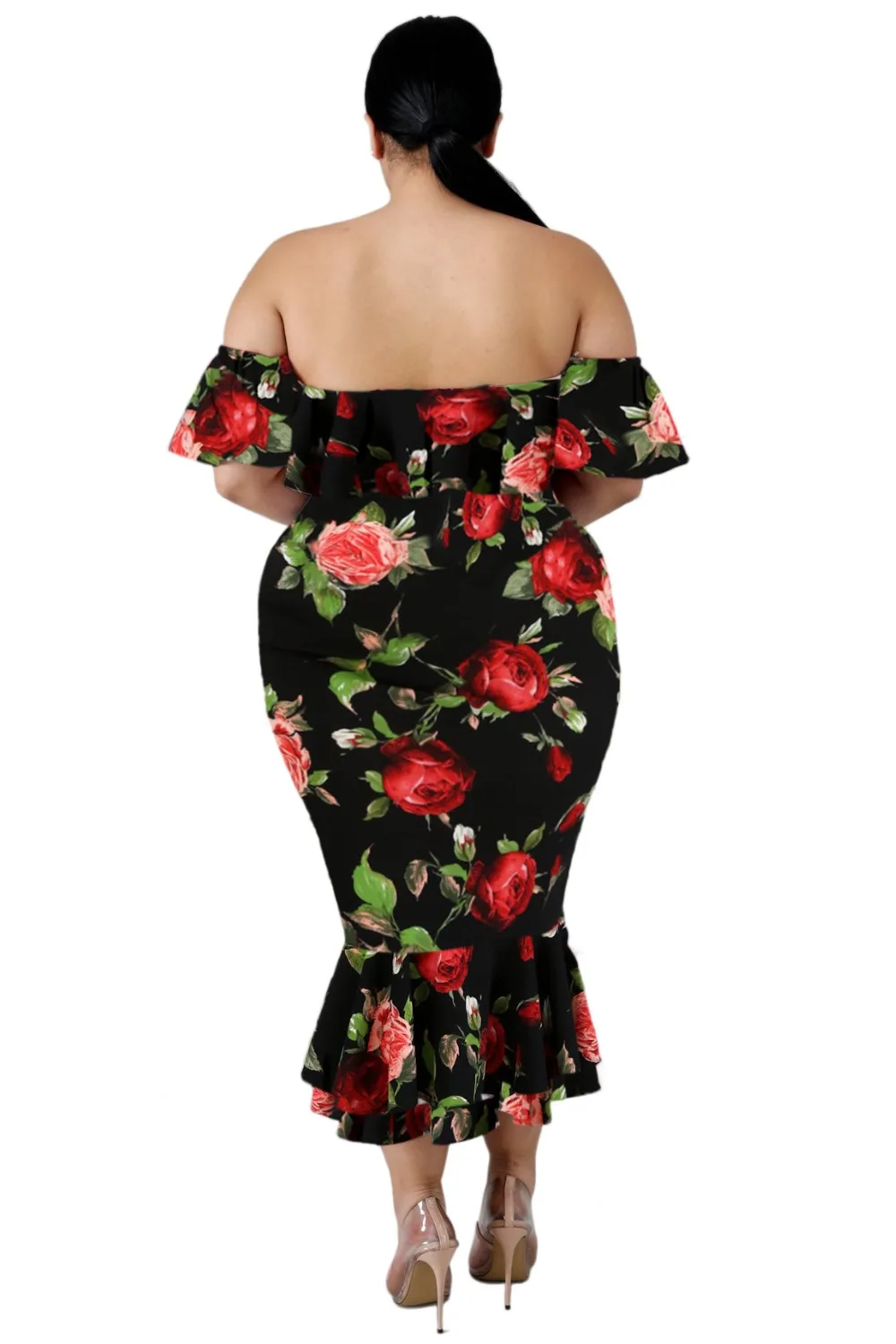 Black-Off-the-shoulder-Floral-Mermaid-Plus-Size-Dress-LC611116-2-2