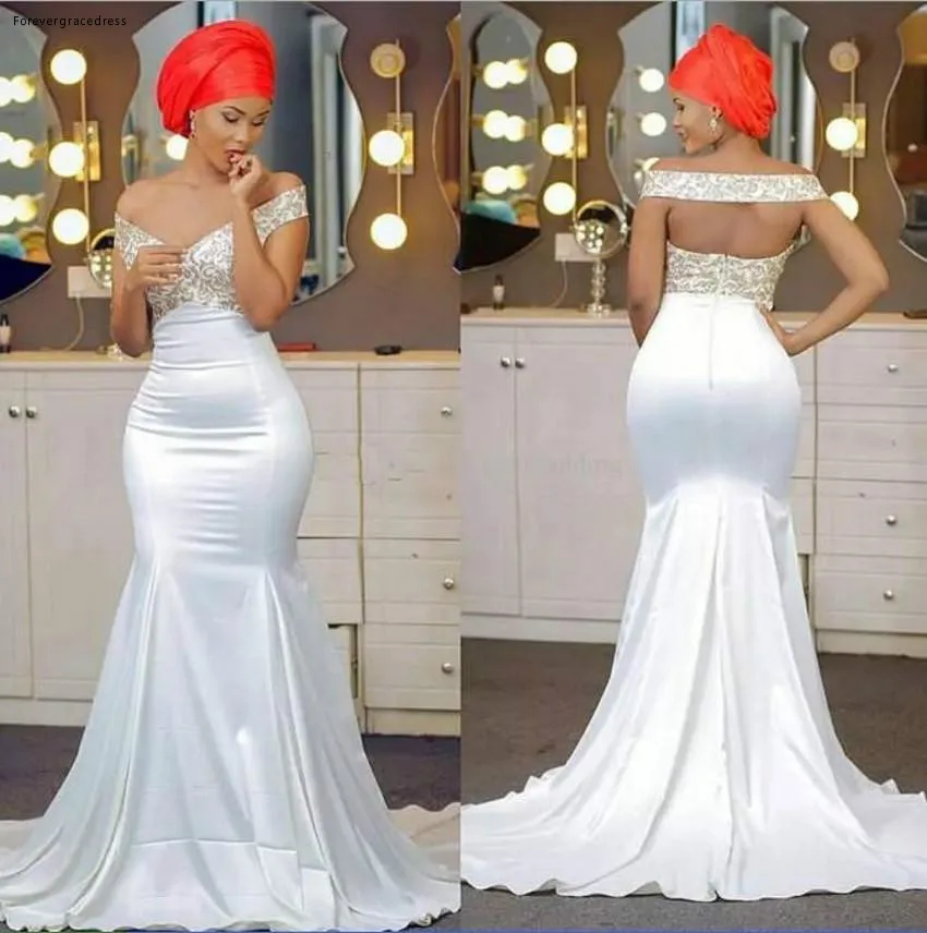 

2019 Silver African Mermaid Evening Dress Off The Shoulder Long Backless Holiday Wear Pageant Prom Party Gown Custom Made