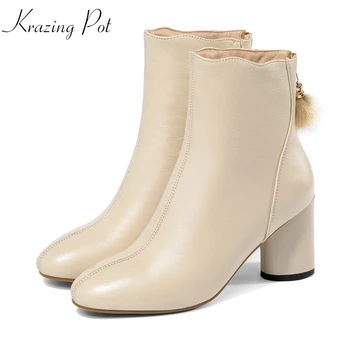 

Krazing pot genuine leather round toe mane hair ball decoration women gladiator high heels dating office lady ankle boots L01