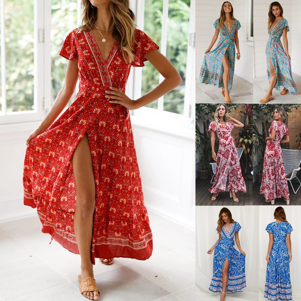 

2019 Summer Boho Long Maix Dresses Women's Short Sleeve V Neck Casual Dresses Party Beach Holidays Dresses Ladies Sundress