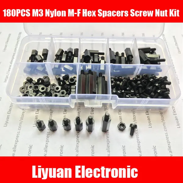 

180PCS M3 Nylon Black M-F Hex Spacers Screw Nut Assortment Kit Stand off Set Box