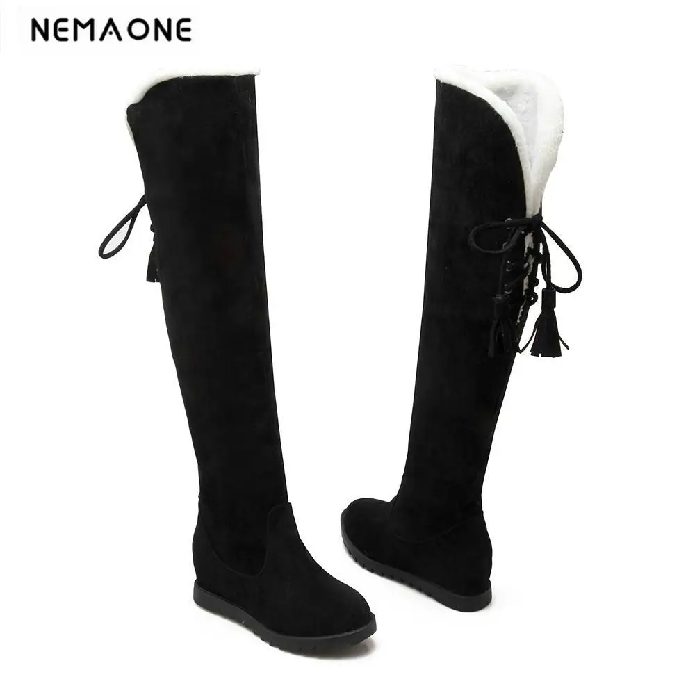 

New Low Heel Shoes Winter New Faux suede fur Snow boots women wedge heels over the knee boots large size 34-43