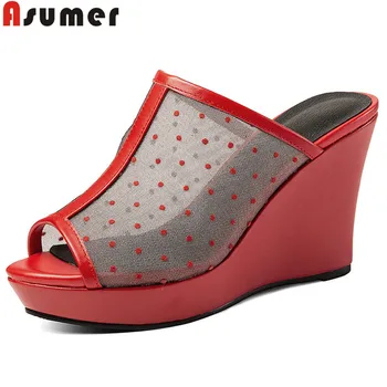 

ASUMER size 33-41 mesh+genuine leather shoes women peep toe shallow summer sandals slingback platform wedges shoes women sandals