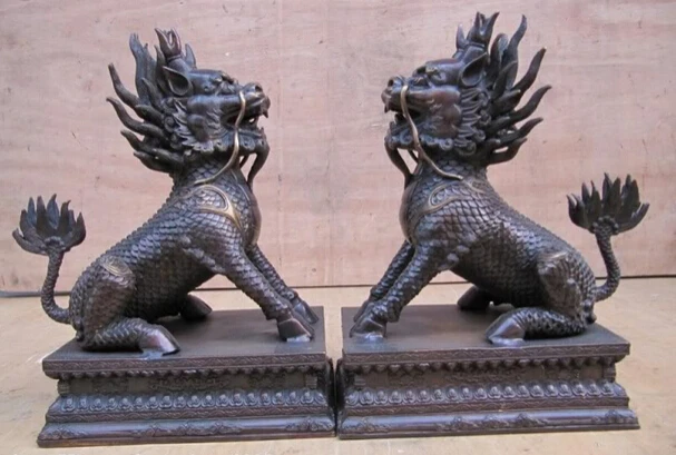 

Elegant old S0746 Chinese refined craftwork Pure Bronze Feng Shui Evil Fu FOO Dog Lion kylin Pair statue