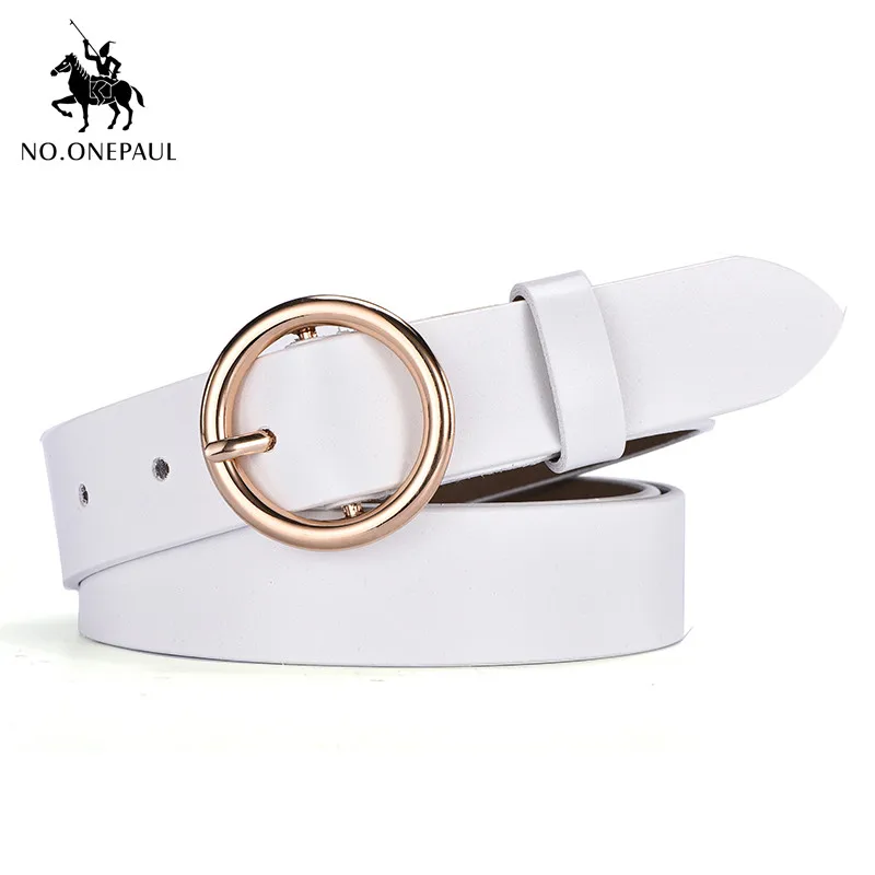 NO.ONEPAUL Women's simple and generous leather belt gold noble round alloy material pin buckle youth girl student waist belt - Цвет: YQ01 white gold