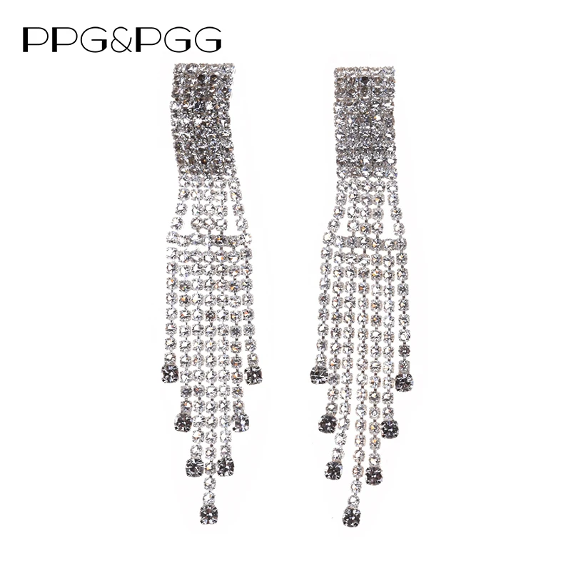 

PPG&PGG Silver Color Crystal Long Tassel Earrings for Women Super Big Party Hanging Earrings Bridal Wedding Jewelry Gift