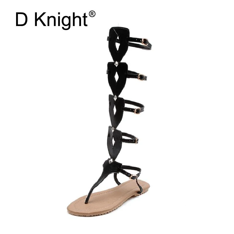 

Women Knee High Boot Sandals Summer Fashion Flats for Party Women Sexy Gladiator Sandal Women Causal Shoes Plus Size Black White