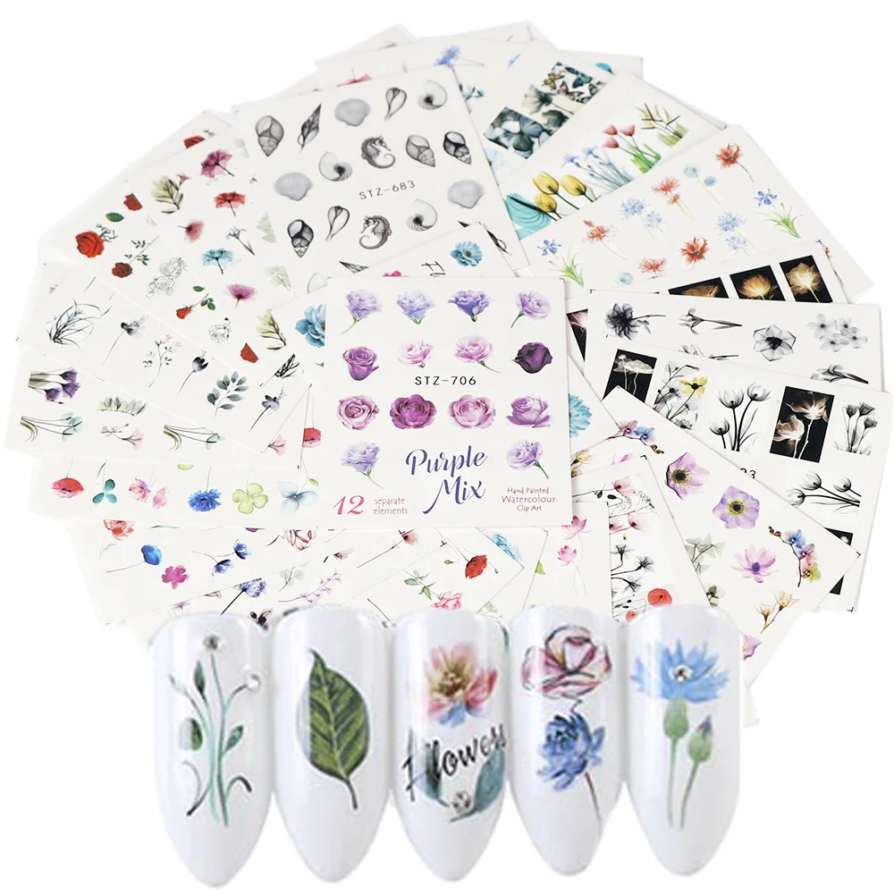 

24Pcs Cute Flamingo Colorful Flowers Leaves Nail Sticker Water Transfer Stickers Manicure Nail Art Watermark Tips Random Styles