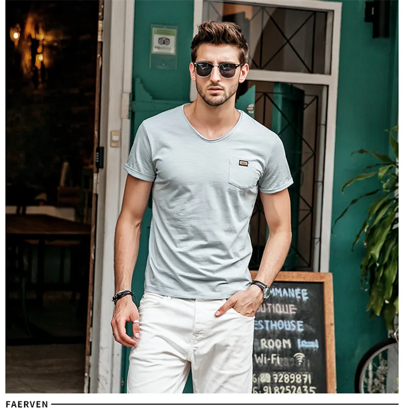 GustOmerd, летняя новая мужская футболка, модная мужская футболка, Мужская футболка с карманом, пэчворк, v-образный вырез, одноцветная Повседневная футболка