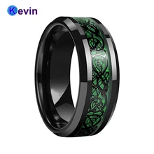 Обручальное кольцо для мужчин и женщин, вольфрамовое черное кольцо с зеленым углеродным волокном и инкрустацией черного дракона