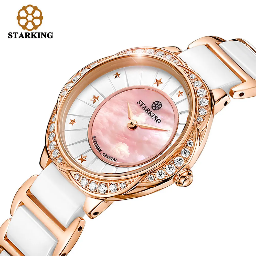

STARKING Women Quartz Watch Shell Dial Crystal Rhinestone Dress Women Clock Fashion Real Ceramic Lady Watches Relogio Feminino