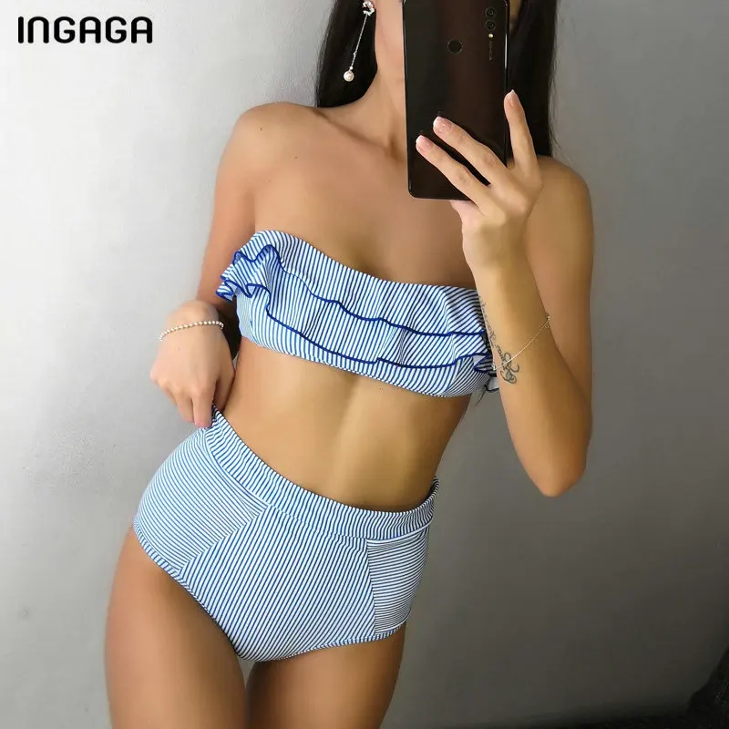 INGAGA عالية الخصر بيكيني 2019 العصابة ملابس السباحة المرأة كشكش ملابس السباحة مخطط لباس سباحة مايوه دي باين فام الصيف biquini INGAGA عالية الخصر بيكيني 2019 العصابة ملابس السباحة المرأة كشكش ملابس السباحة مخطط لباس سباحة مايوه دي باين فام الصيف biquini