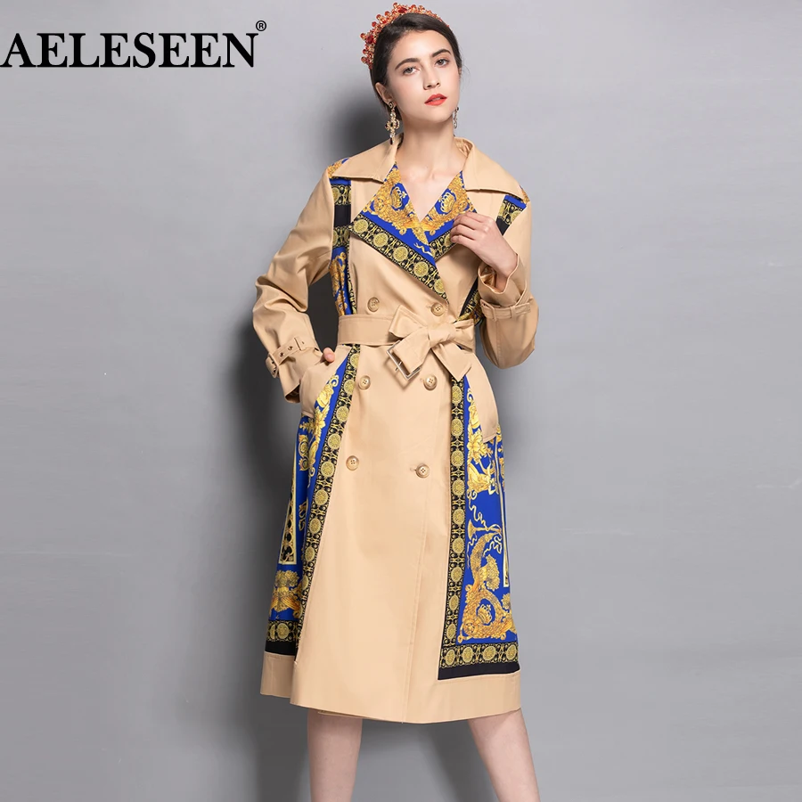 Женский Тренч с поясом AELESEEN Длинное Элегантное пальто длинным рукавом и отложным