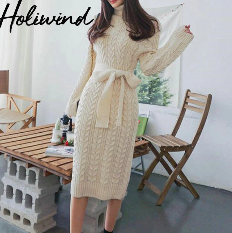 

2019 Winter Women Beige Color Turtleneck Sweater Dress Bow Belted Rib Vintage Knitting Dress Korean Fashion Women Knit Dresses