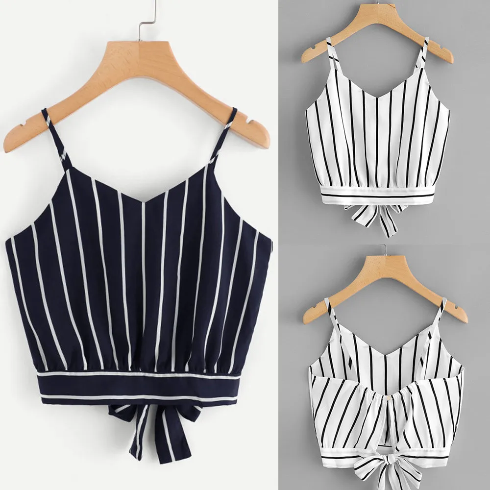 

2018 Summer Striped Split Tie Back Crop Top Women Spaghetti Strap Bow Top Vest 2018 Summer Knot Beach Vest beach wear