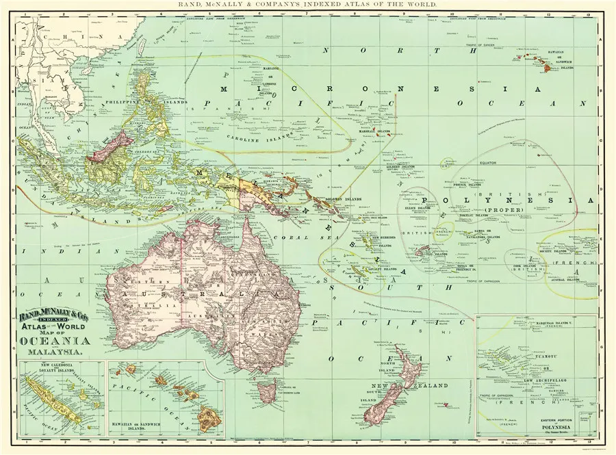 Old Oceania Map - Oceania, Malaysia Rand McNally 1892