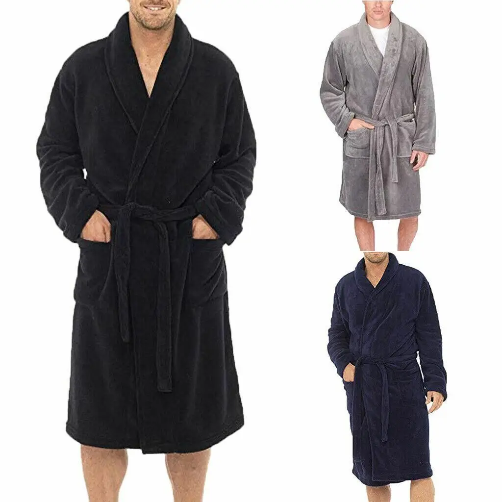 

Bath Room Wear Men Bathrobe Fall Winter Long Sleepwear Robes Shawl Collar Fleece Bathrobe Spa Pajamas