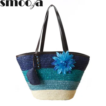 

SMOOZA 2018 Knitted Straw bag women's handbags Summer flower Bohemia fashion color stripes shoulder bags beach bag big tote bags