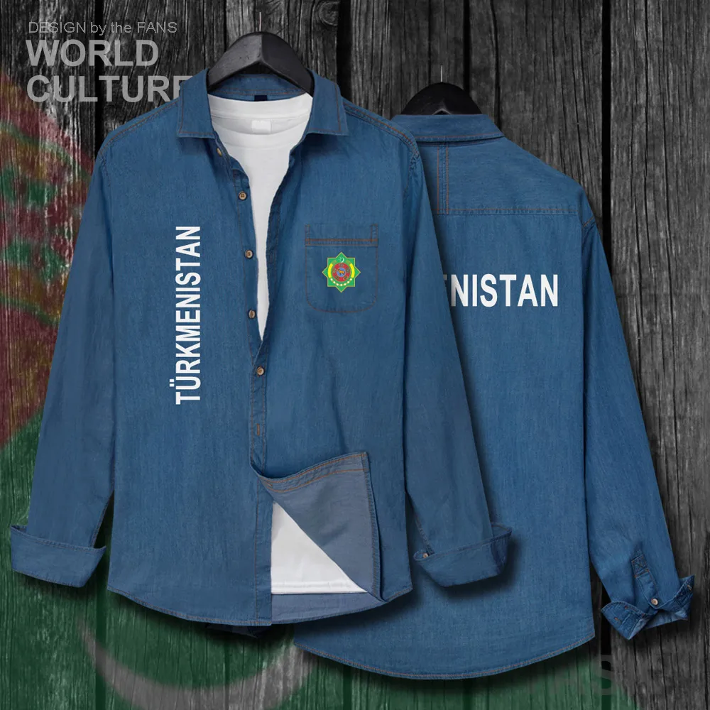

Turkmenistan Turkmen TKM Men Fashion Clothes Spring Autumn Cotton Flags Turn-down Collar Jeans Shirt Long Sleeve Cowboy Coat 20