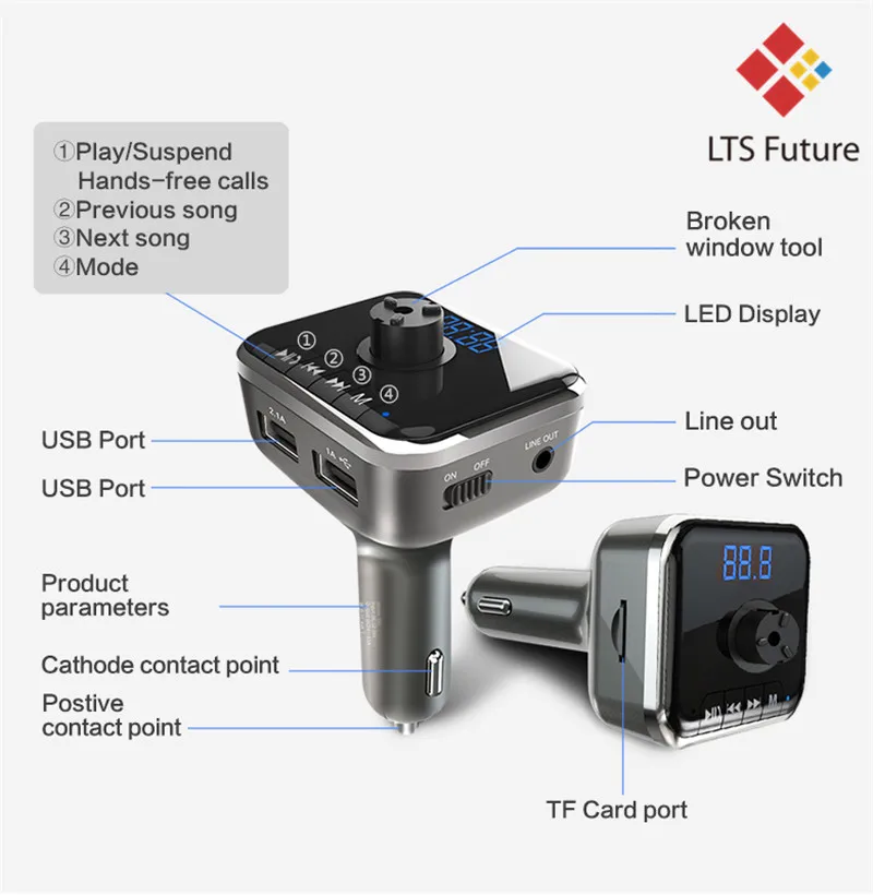 Bluetooth Handsfree, двойной USB порт, быстрое автомобильное зарядное устройство для телефона, спасательный стеклянный зарядный адаптер, безопасный молоток, музыка, Mp3 аудио плеер