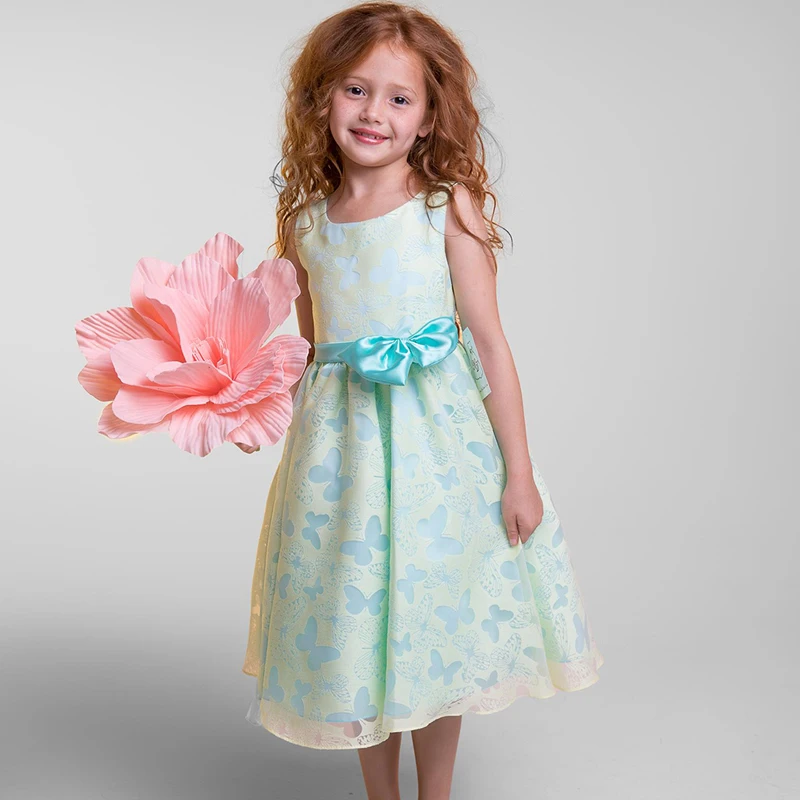 

Girls Dresses Sleeveless Cartoon Infant Kids Clothing Green Pink Yellow Bow Dress 4-10 Years Baby Girls Princess Party Ball Gown