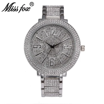 

Miss Fox Big Dial Watches For Women Diamond Rhinestone Big Numbers Watches Women Stainless Steel 22mm Band Silver Wrist Watch