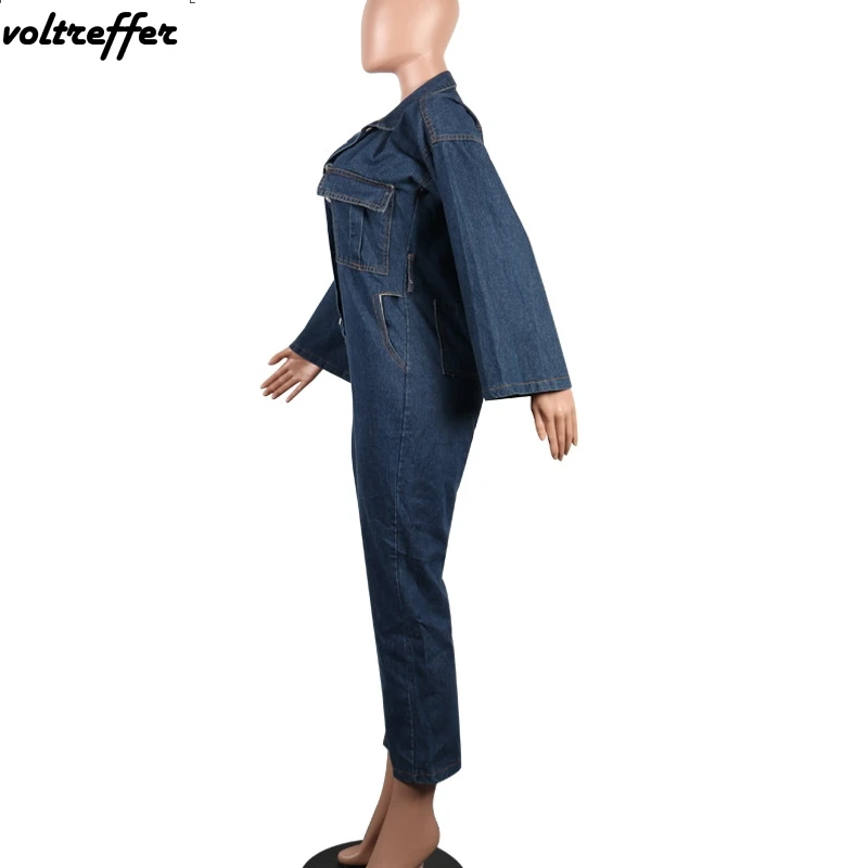 Denim Rompers Womens Jumpsuit Flare Sleeve Button Jeans Hip Hop Streetwear Casual Loose Overalls 2018 Fall Korean Sexy Pockets