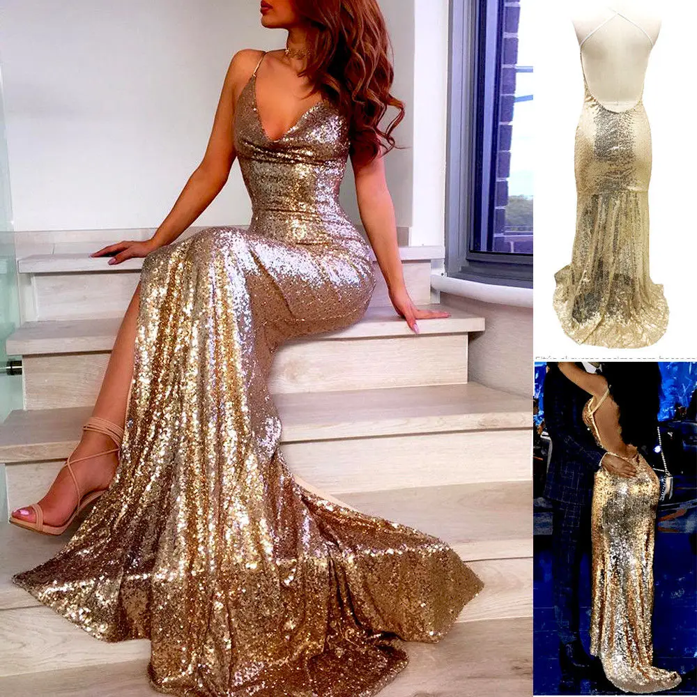 

2019 New Style Fashion Hot Women Sequin Long Dress Sleeveless Solid Evening Party Club Deep V Neck Dress Attire Sexy