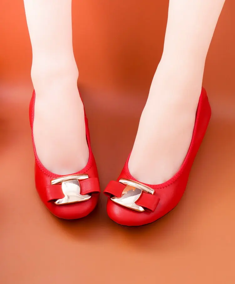 New Korean Slip On Balerinas Shoes For Womans Sweet Bow Metal Ladies Flat Genuine Leather Shoes Loafers Footwear Women Ballerina (35)