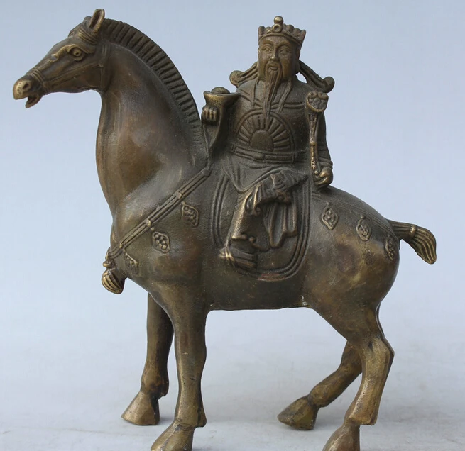

6" Old Chinese Copper Mammon Money Wealth God Ride Horse Ru Yi Yuan Bao Statue S0706
