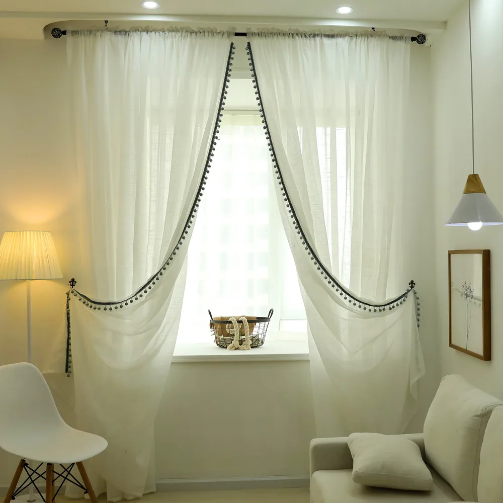 Günstige Angepasst Weiß Garn Vorhang mit Perlen Einfarbig Baumwolle Leinen Tüll Vorhang für Wohnzimmer Schlafzimmer Voile Vorhang für Fenster