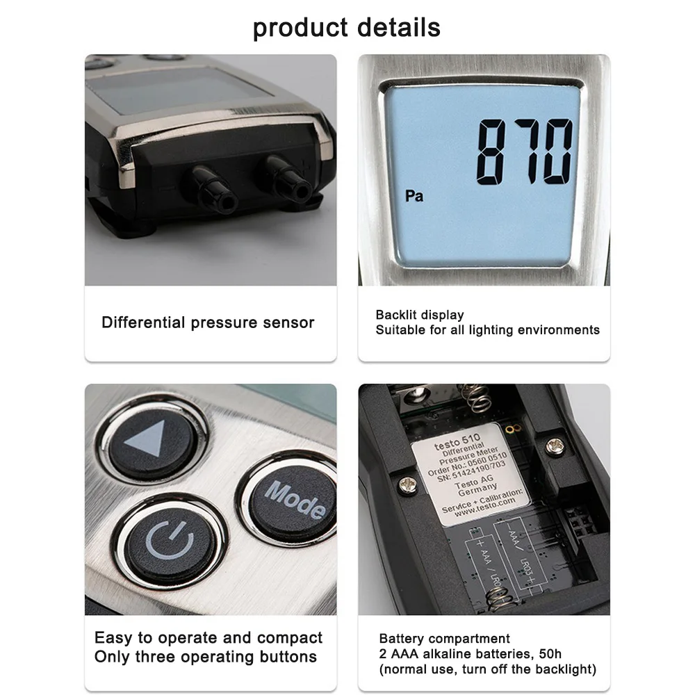 Testo 510 압력 게이지 디지털 디스플레이, 냉동 PSI 차압 게이지, 0-100hPa 기압, 가정용 도구