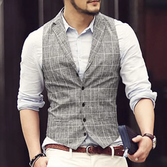 2017 new spring&summer linen Plaid men vest single breasted Casual male
