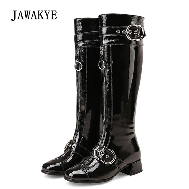 

2018 Chic Knight Boots Woman Square Toe Rivet Front Zipper Metal Buckle Patent Leather Flat Knee High Boots