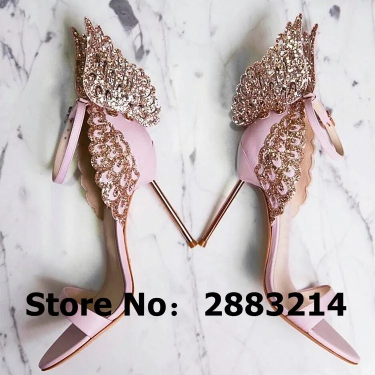 

Evangeline Angel Wing Gold Sandal Genuine leather Wedding Pumps Pink Glitter Shoes Women 3D Butterfly High Heels Shoes Size 42