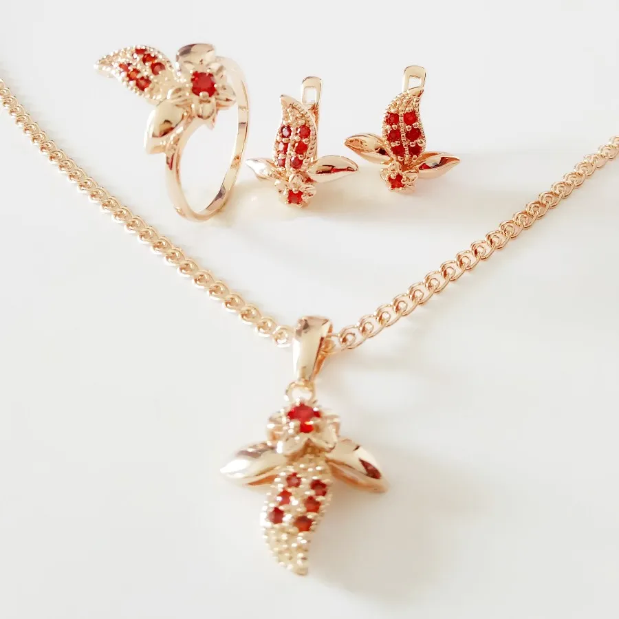 

New Fashion Jewelry Set Gold Color Women Jewelry Set Exquisite Red Cubic Zircon Flower Design Necklace/Earring/Ring Jewelry Sets