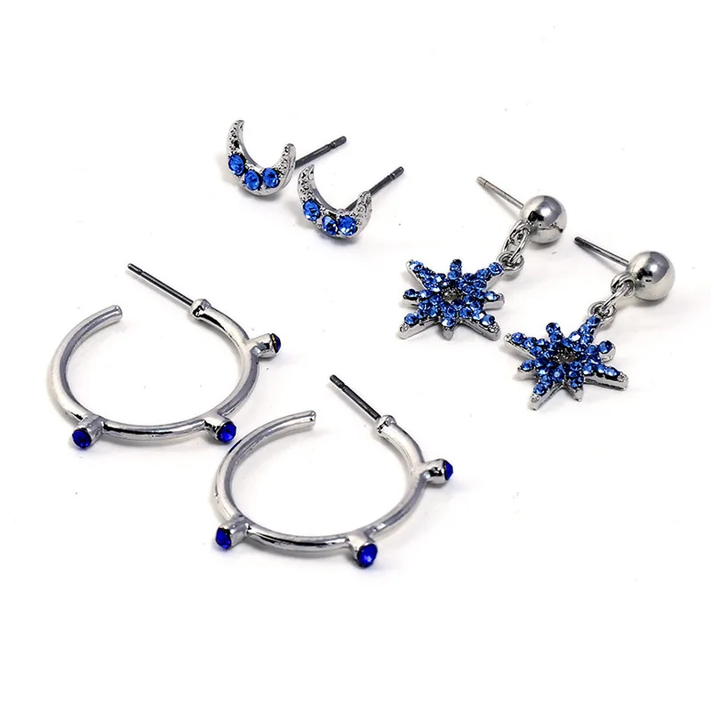 

3 Pairs/lot Blue Rhinestone Moon Star Stud Earring Set for Women Korean Style Piercing Circle Earrings Wholesale Bincos Jewelry